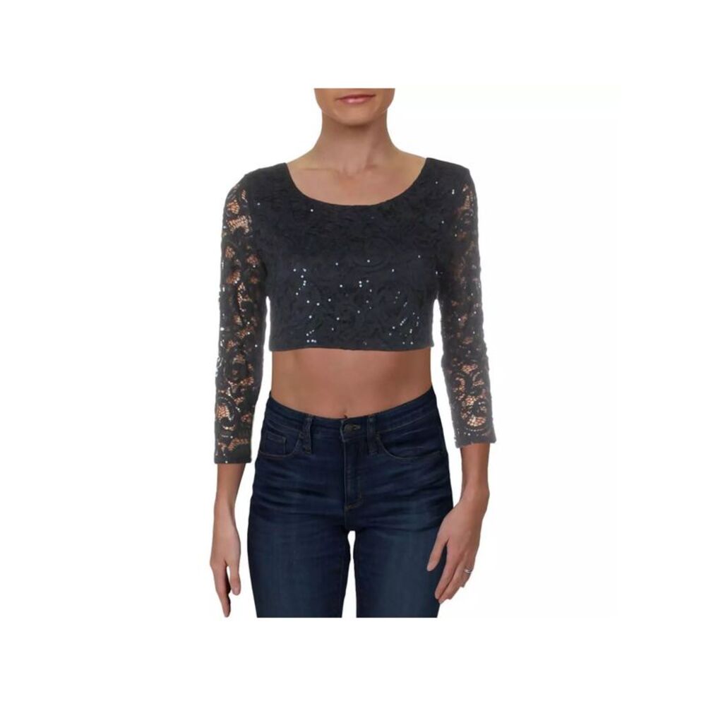CRYSTAL DOLLS Womens Navy Cutout Back 3/4 Sleeve Crop Top 5